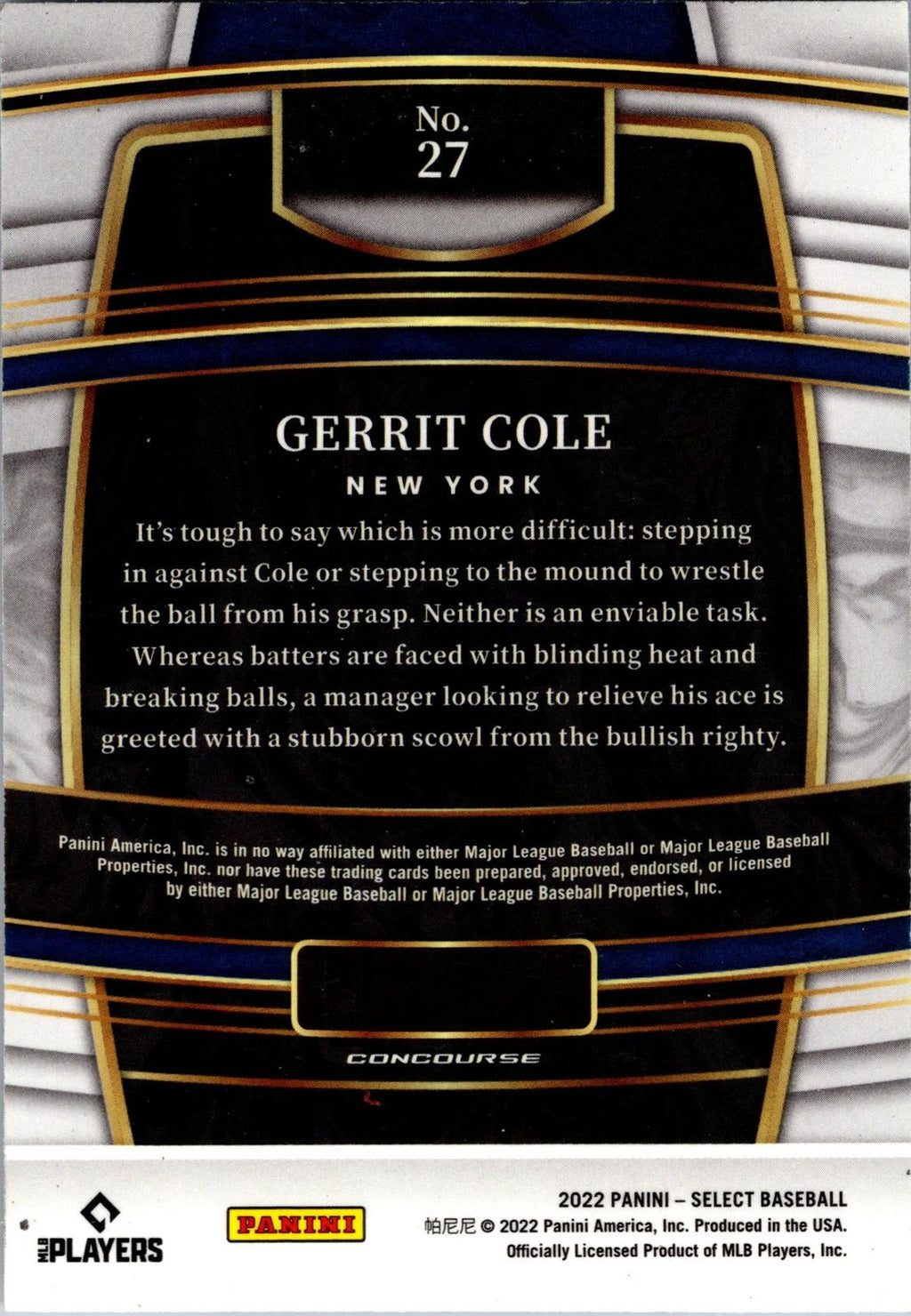 2022 Panini Select #27 Gerrit Cole Blue Retail Base