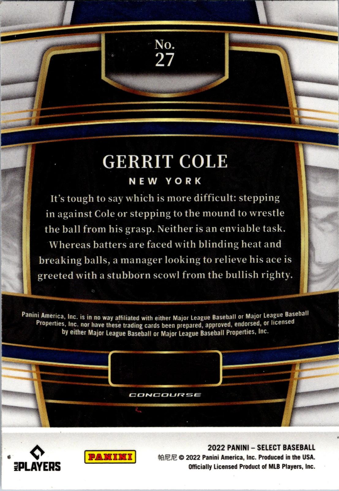 2022 Panini Select #27 Gerrit Cole Blue Retail Base
