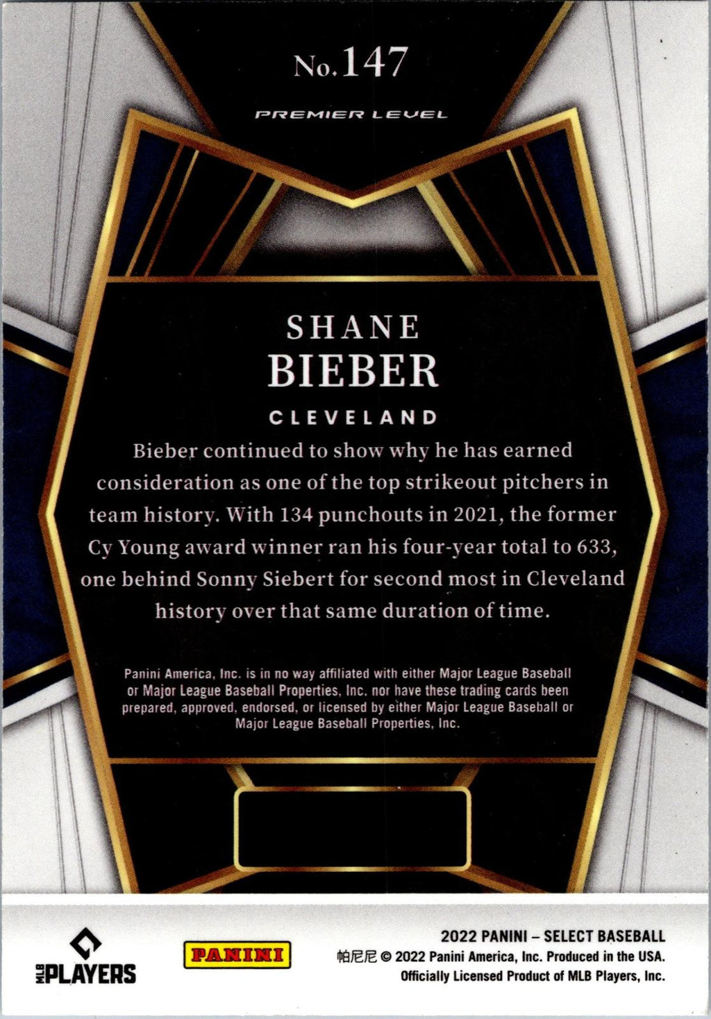 2022 Panini Select #147 Shane Bieber Blue Retail Base