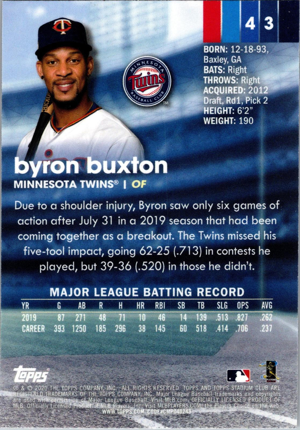2020 Stadium Club Chrome #43 Byron Buxton