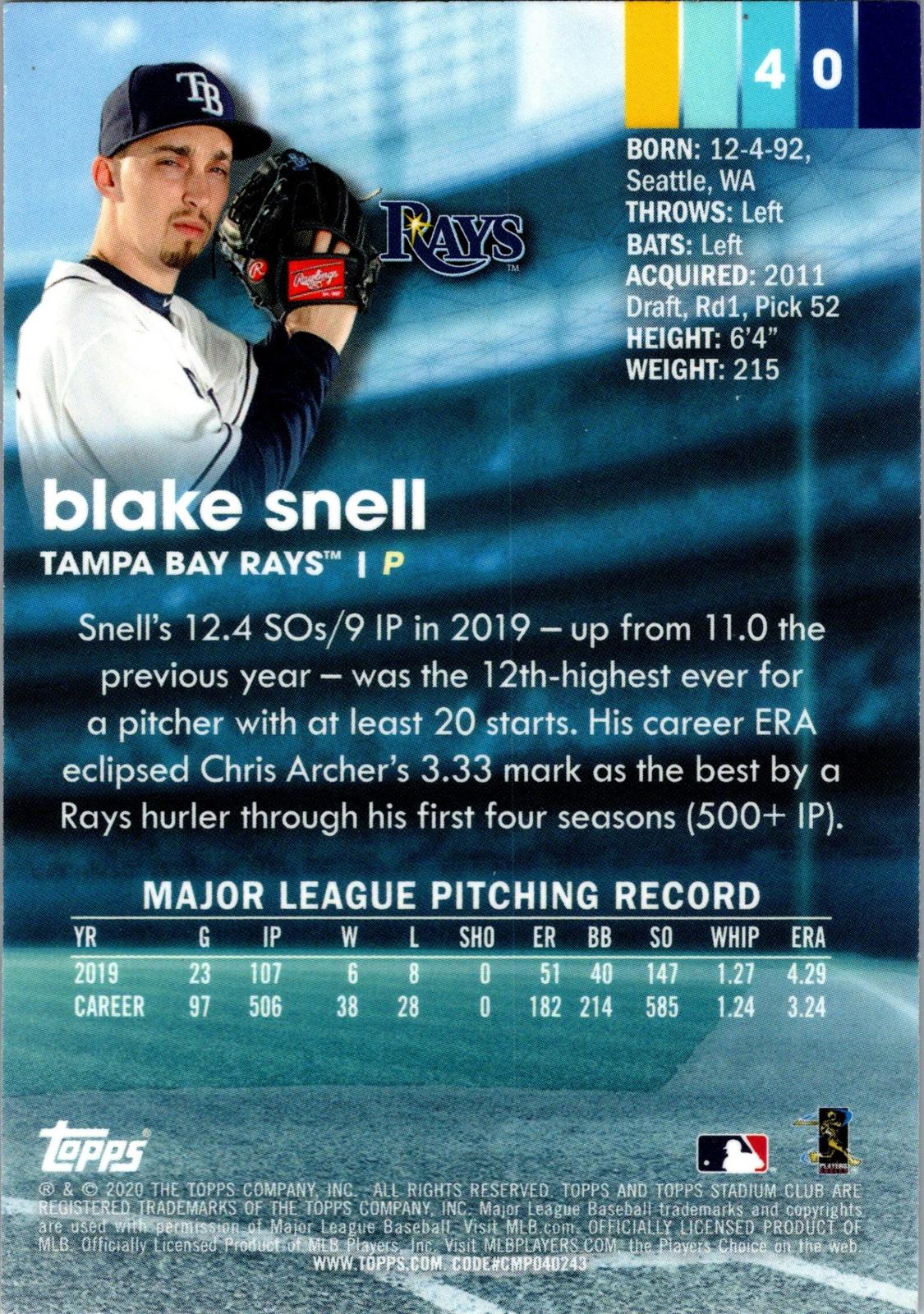 2020 Stadium Club Chrome #40 Blake Snell