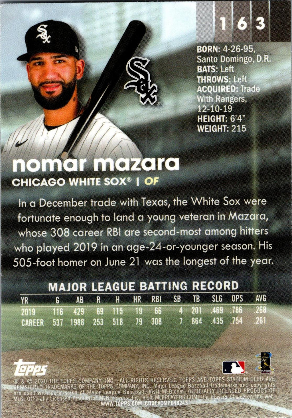 2020 Stadium Club Chrome #163 Nomar Mazara