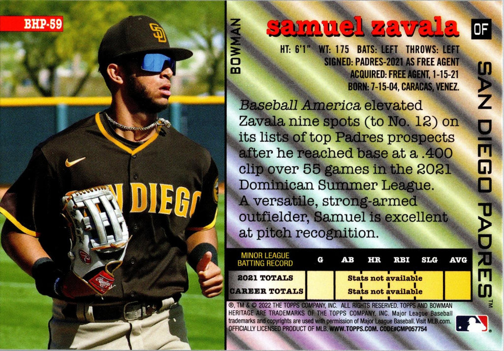2022 Bowman Heritage #BHP-59 Samuel Zavala Prospects