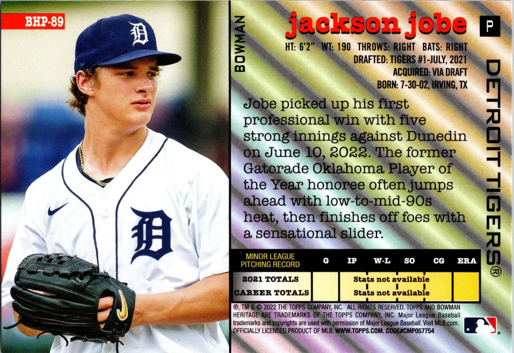 2022 Bowman Heritage #BHP-89 Jackson Jobe Prospects