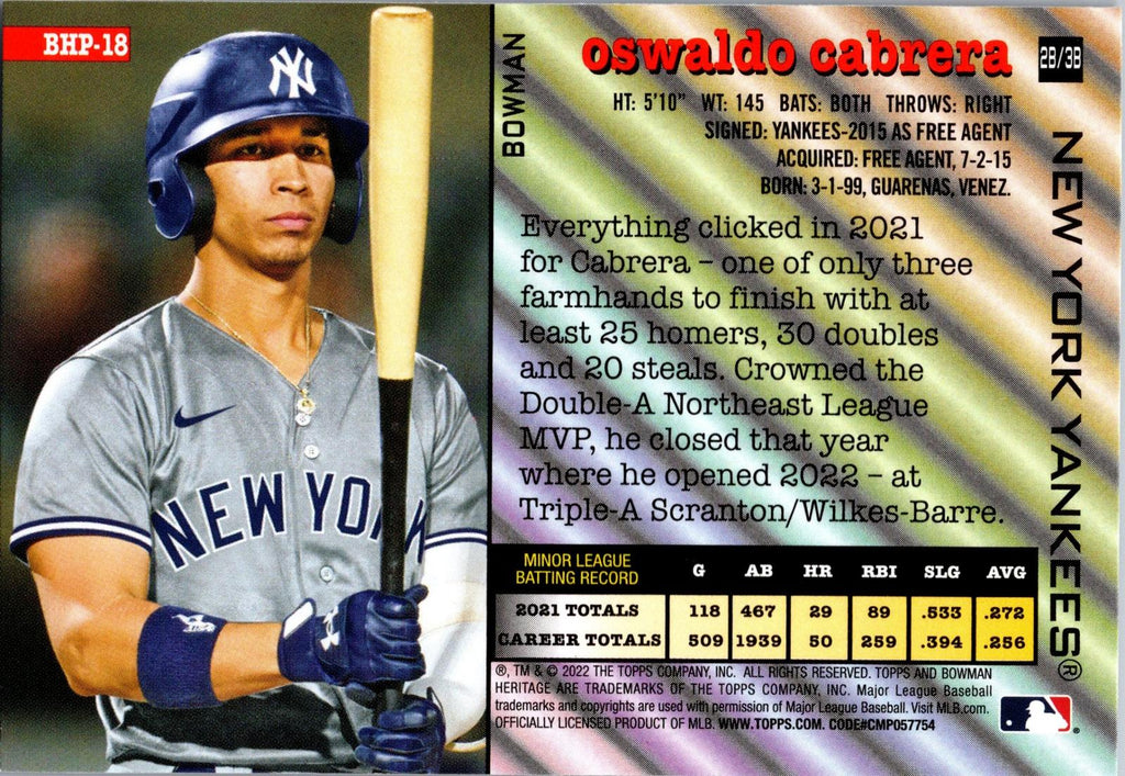 2022 Bowman Heritage #BHP-18 Oswaldo Cabrera Prospects