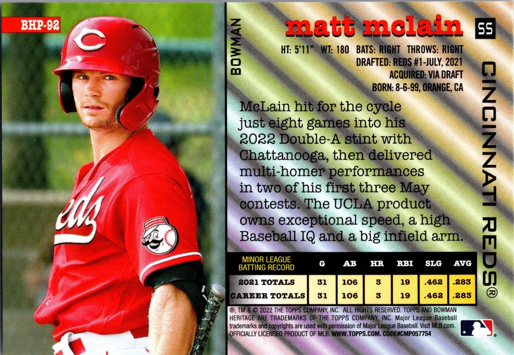 2022 Bowman Heritage #BHP-92 Matt McLain Prospects