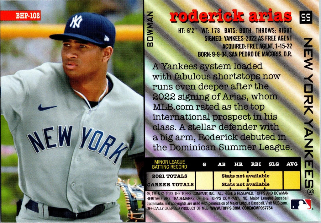 2022 Bowman Heritage #BHP-102 Roderick Arias Prospects