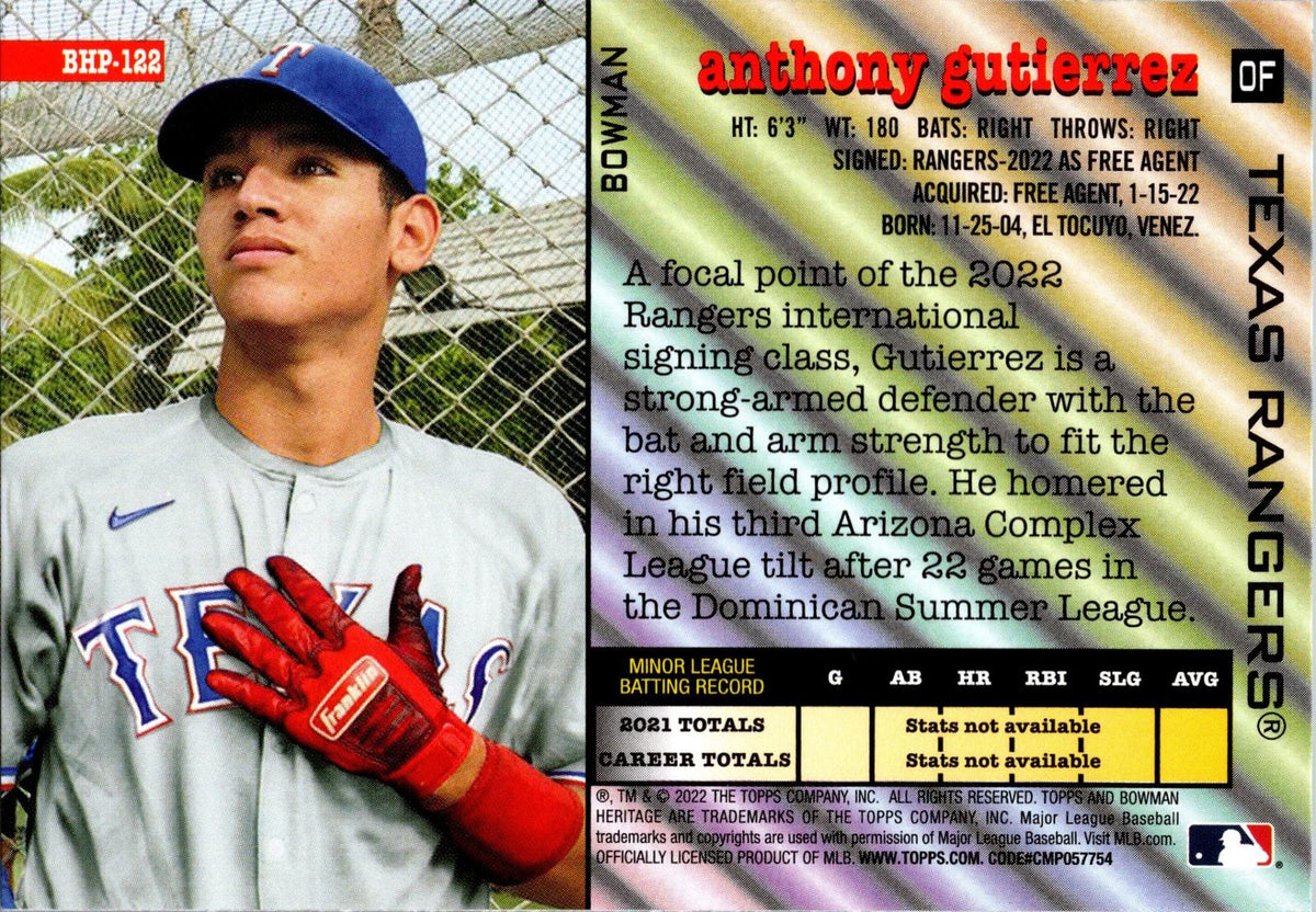 2022 Bowman Heritage #BHP-122 Anthony Gutierrez Prospects