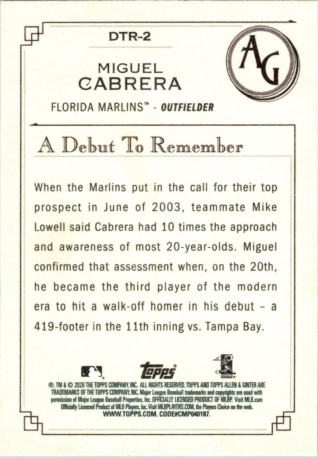 2020 Topps Allen & Ginter #DTR-2 Miguel Cabrera A Debut to Remember