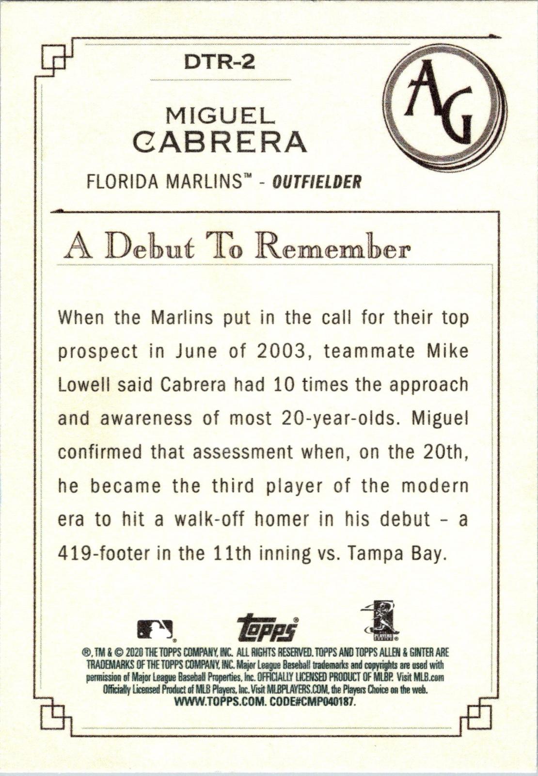2020 Topps Allen & Ginter #DTR-2 Miguel Cabrera A Debut to Remember