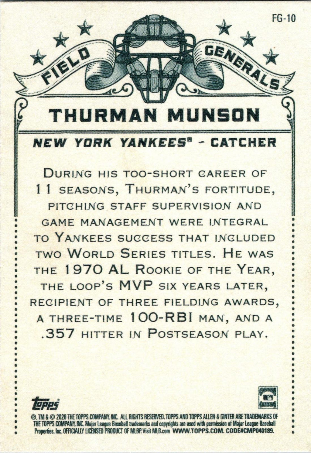 2020 Topps Allen & Ginter #FG-10 Thurman Munson Field Generals