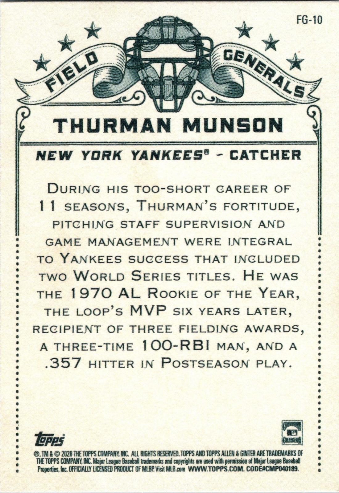2020 Topps Allen & Ginter #FG-10 Thurman Munson Field Generals