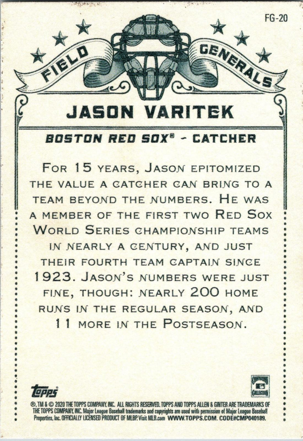 2020 Topps Allen & Ginter #FG-20 Jason Varitek Field Generals