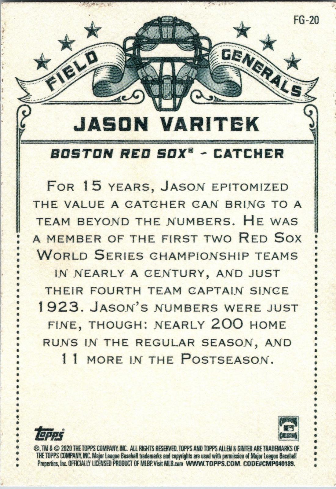 2020 Topps Allen & Ginter #FG-20 Jason Varitek Field Generals