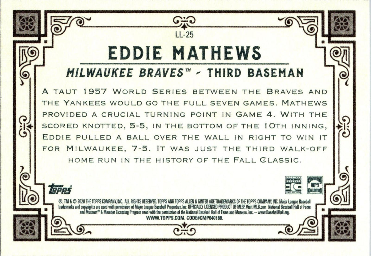 2020 Topps Allen & Ginter #LL-25 Eddie Mathews Longball Lore