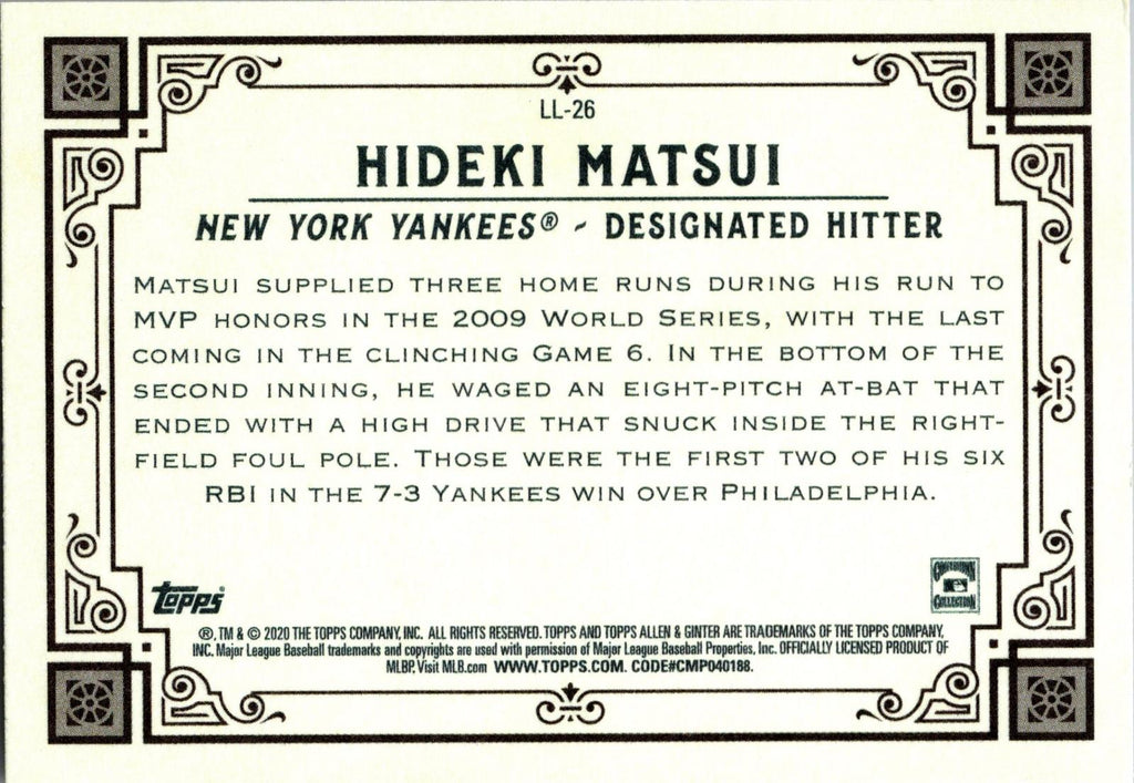 2020 Topps Allen & Ginter #LL-26 Hideki Matsui Longball Lore