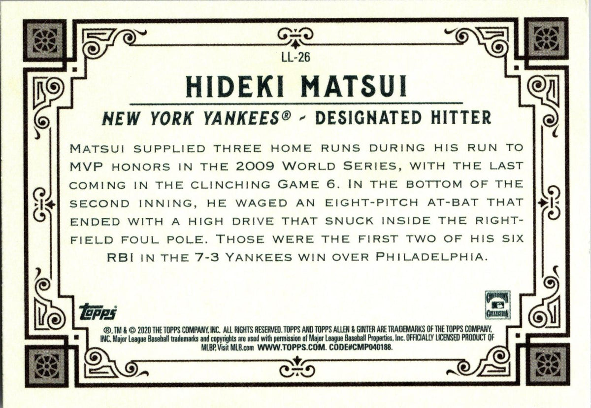 2020 Topps Allen & Ginter #LL-26 Hideki Matsui Longball Lore