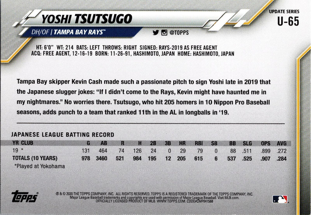 2020 Topps Update #U-65 Yoshi Tsutsugo Yellow