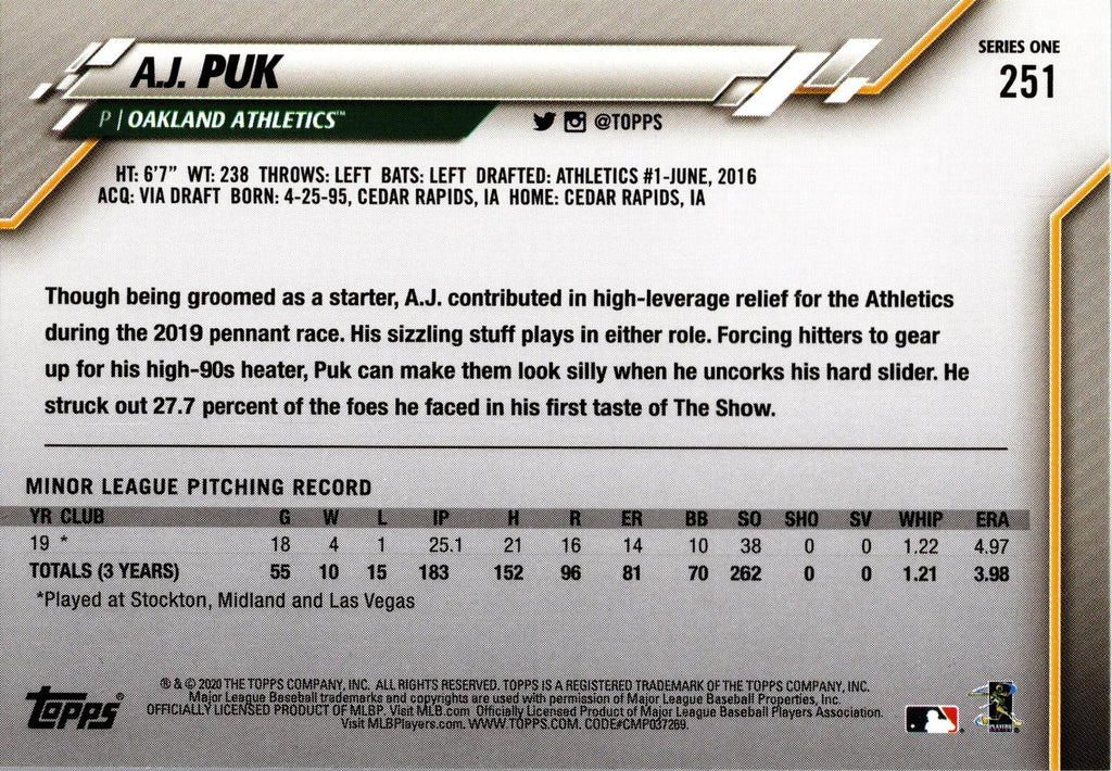 2020 Topps #251 A.J. Puk