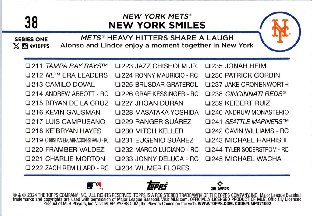 2024 Topps #38 New York Smiles: Mets Heavy Hitters Share a Laugh