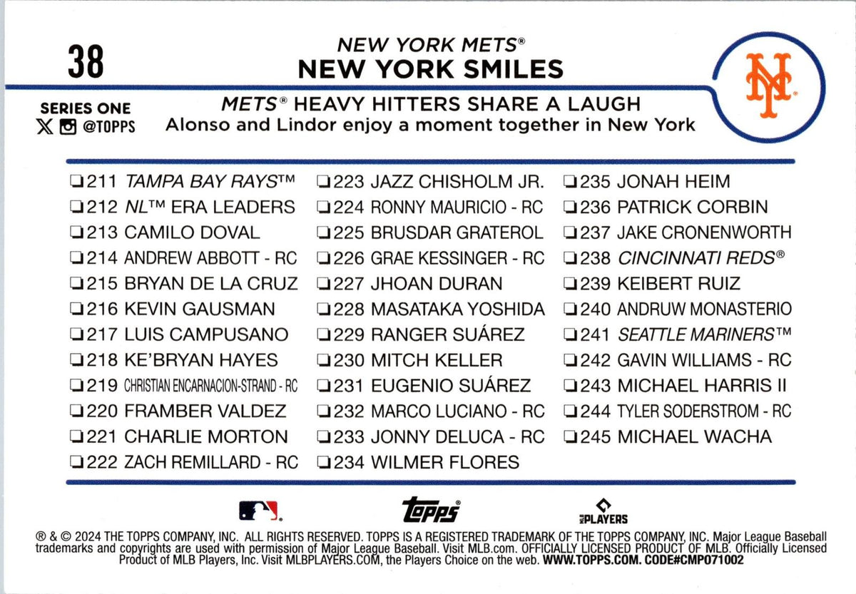 2024 Topps #38 New York Smiles: Mets Heavy Hitters Share a Laugh
