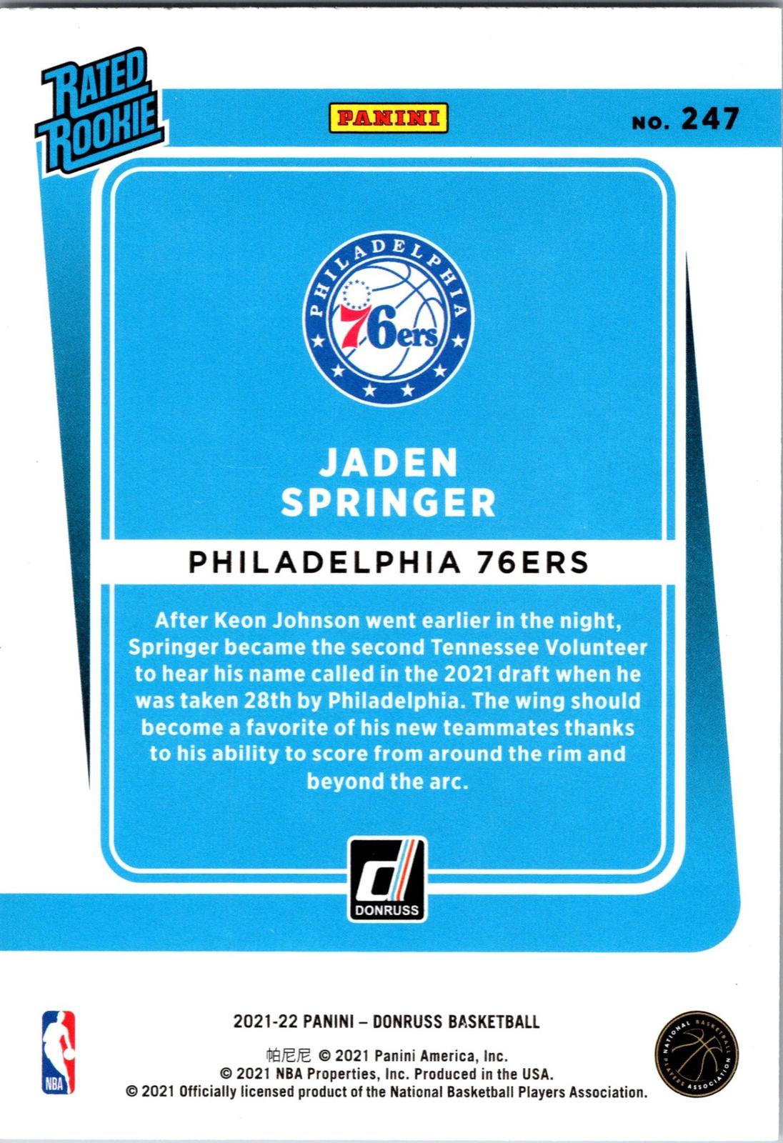 2021-22 Donruss #247 Jaden Springer