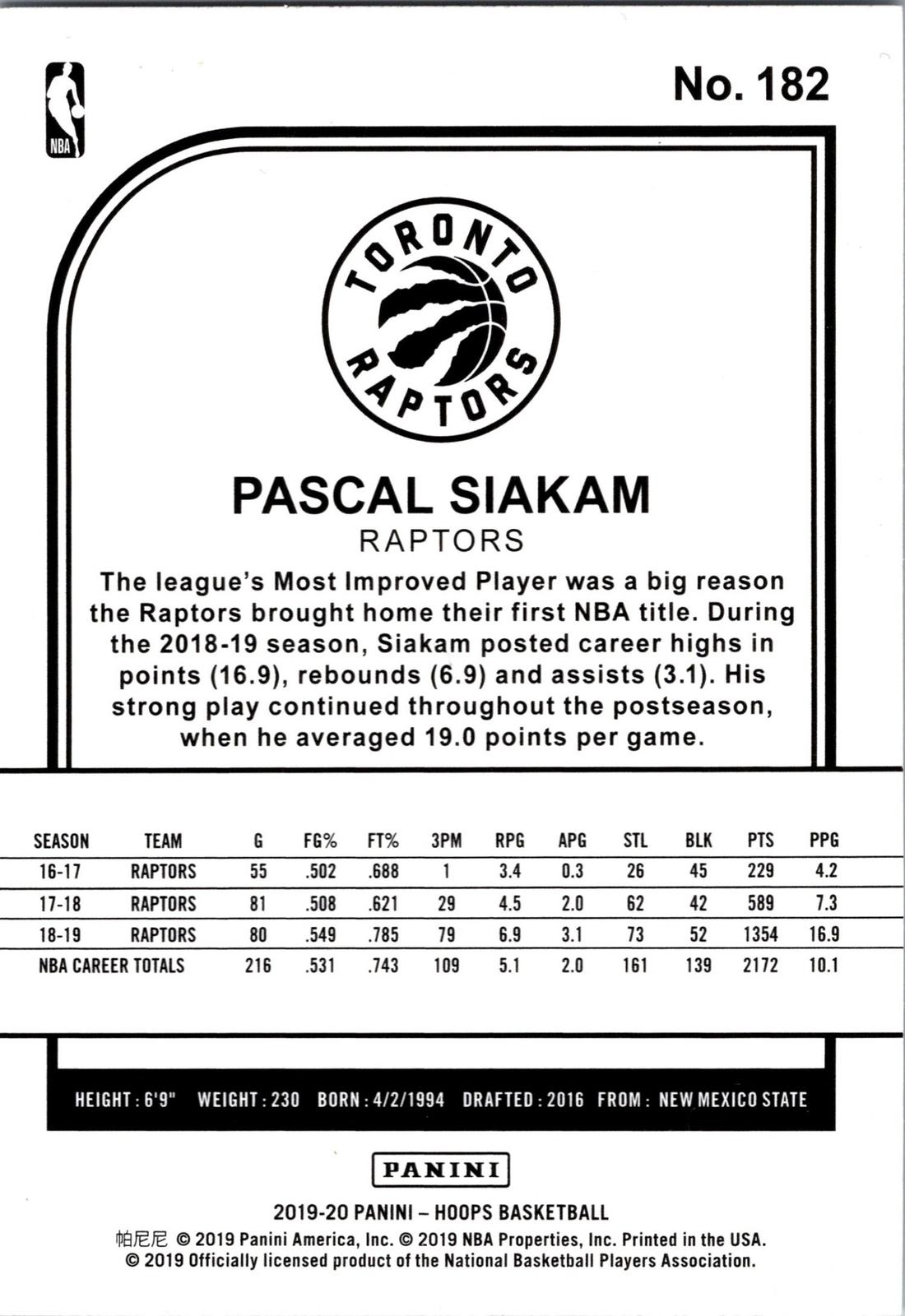 2019-20 Hoops Winter #182 Pascal Siakam