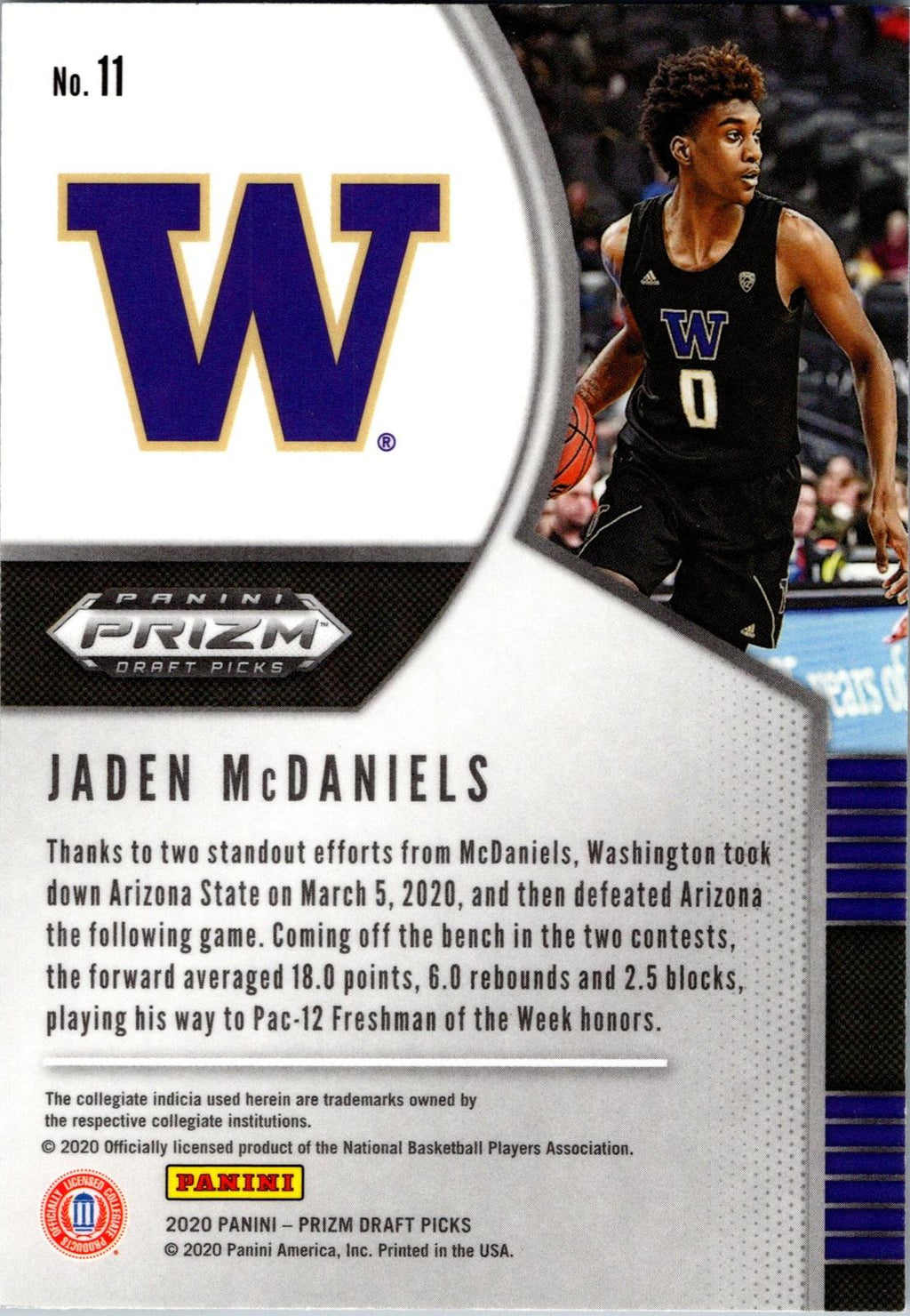 2020 Panini Prizm Draft Picks Collegiate #11 Jaden McDaniels