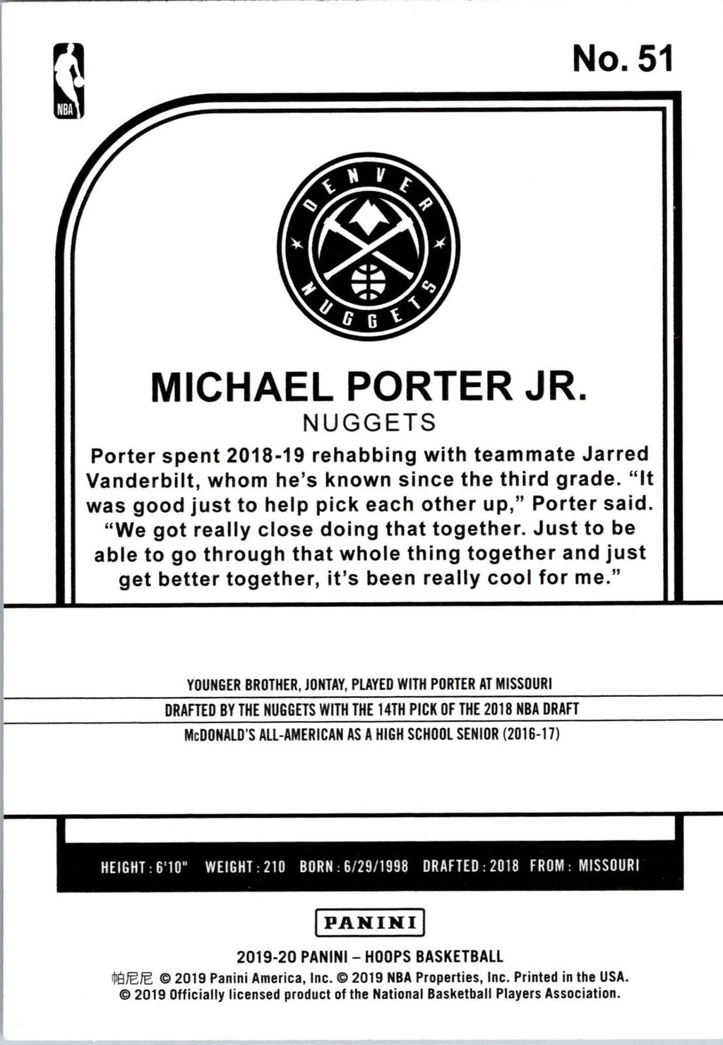 2019-20 Hoops #51 Michael Porter Jr.