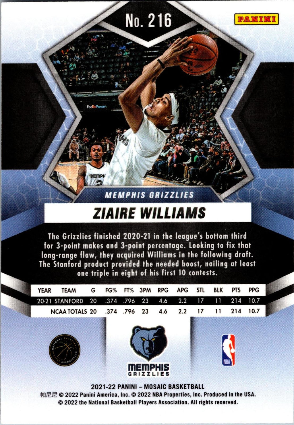 2021-22 Panini Mosaic #216 Ziaire Williams