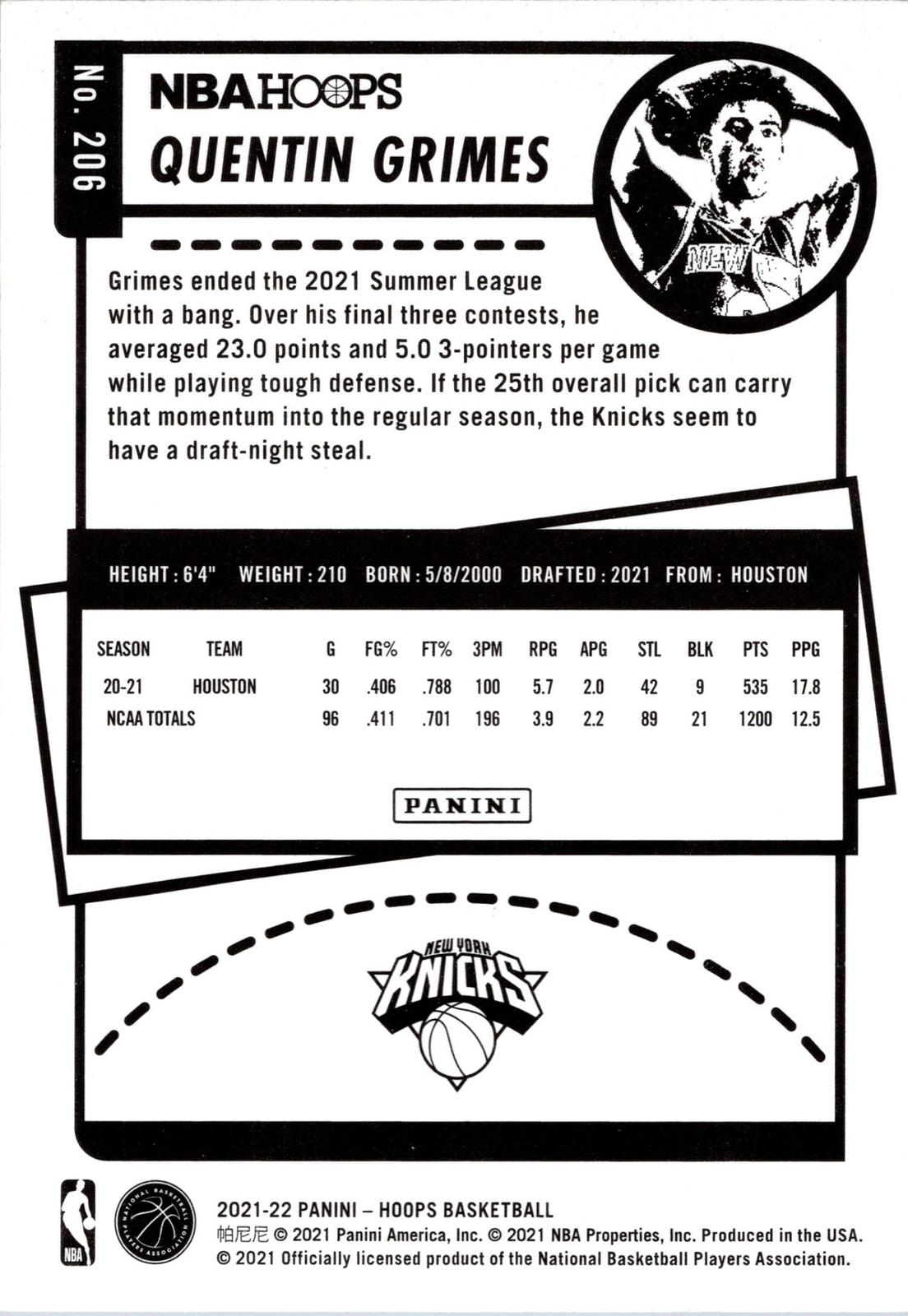 2021-22 Hoops #206 Quentin Grimes