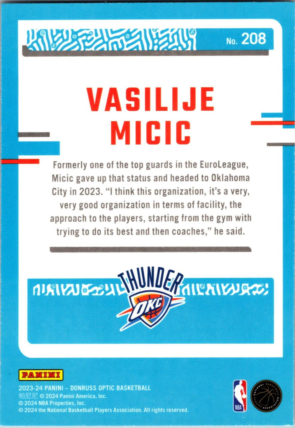 2023-24 Donruss Optic #208 Vasilije Micic Holo
