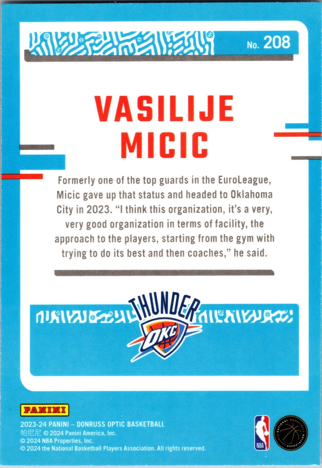 2023-24 Donruss Optic #208 Vasilije Micic Holo