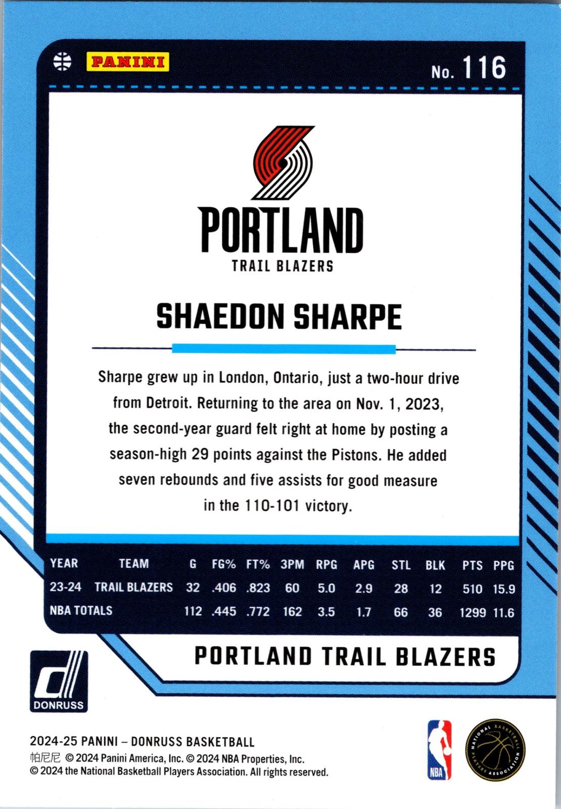 2024-25 Donruss #116 Shaedon Sharpe