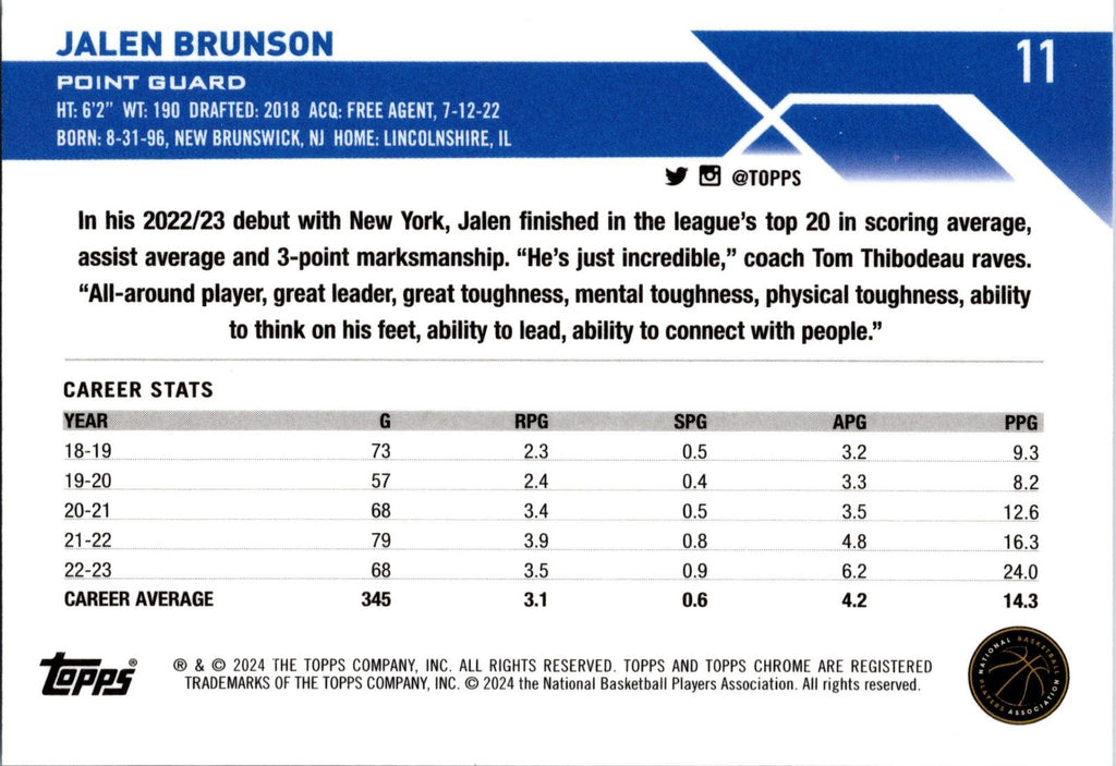 2023-24 Topps Chrome #11 Jalen Brunson