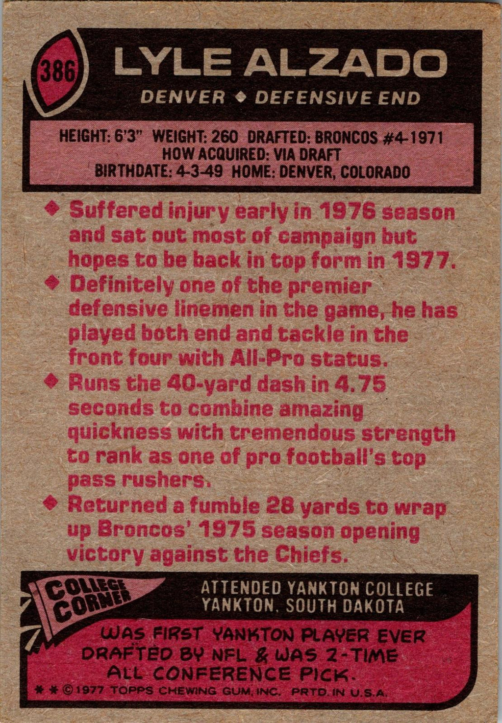 1977 Topps #386 Lyle Alzado