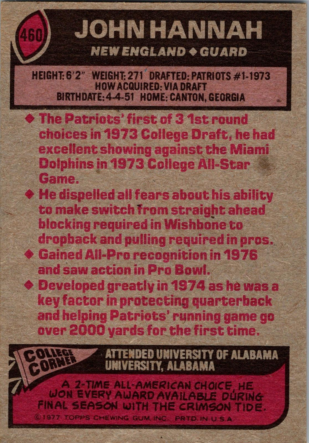1977 Topps #460 John Hannah