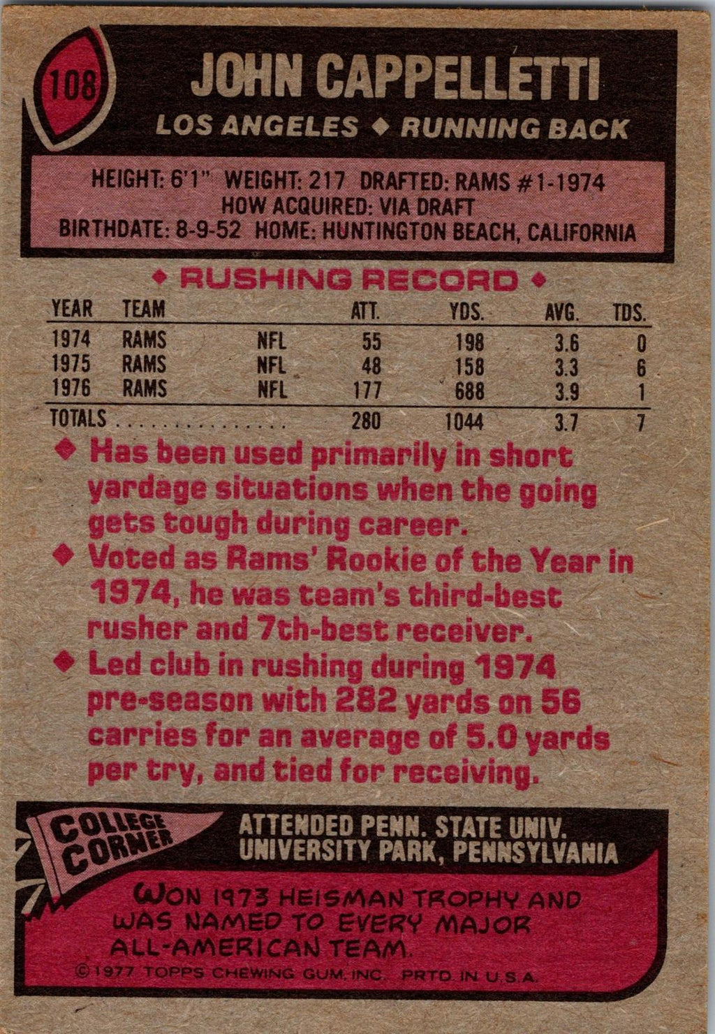 1977 Topps #108 John Cappelletti
