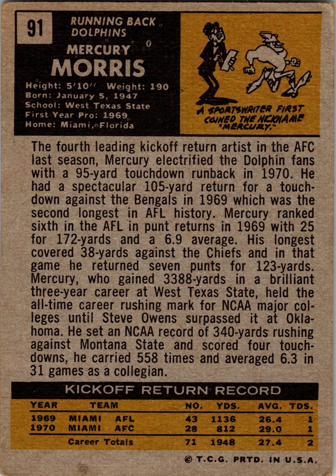 1971 Topps #91 Mercury Morris