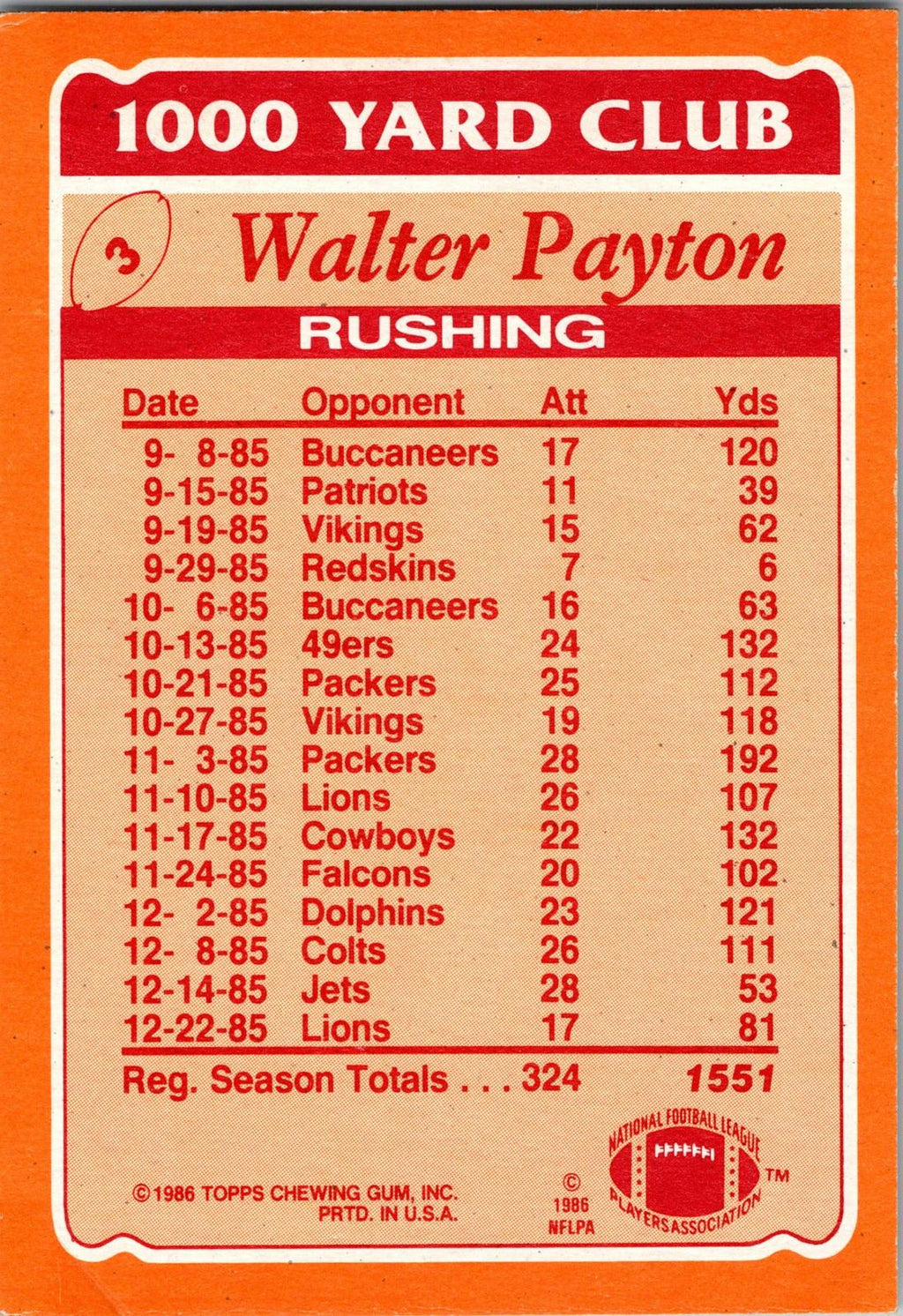 1986 Topps #3 Walter Payton 1000 Yard Club