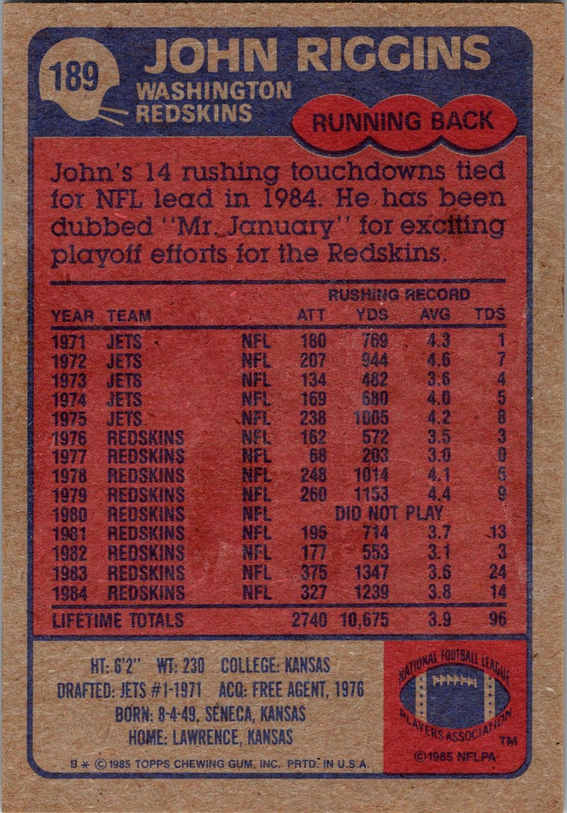 1985 Topps #189 John Riggins