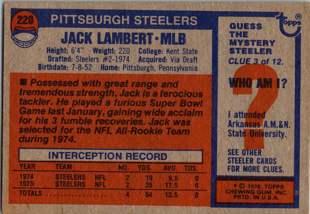 1976 Topps #220 Jack Lambert