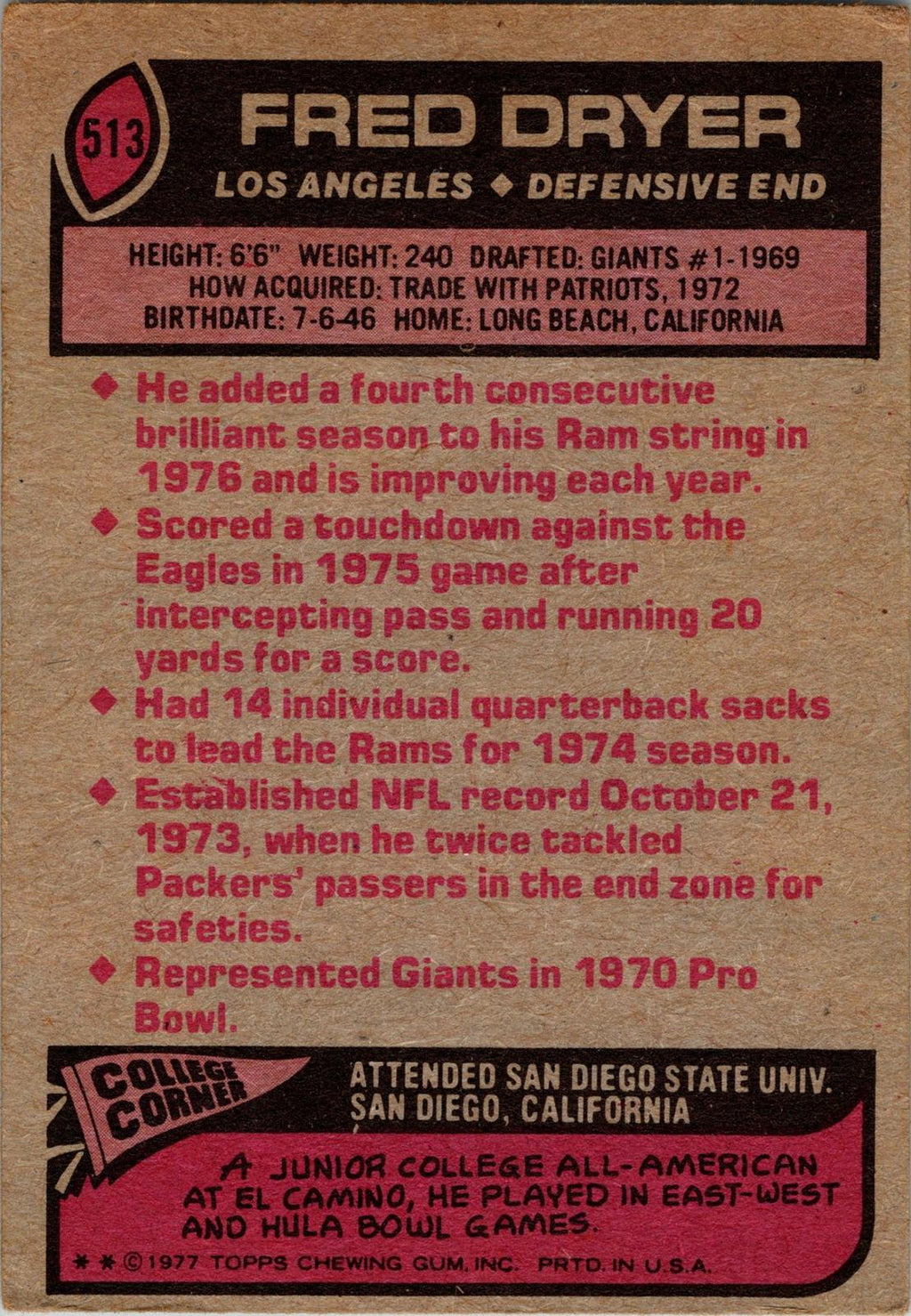 1976 Topps #252 Fred Dryer