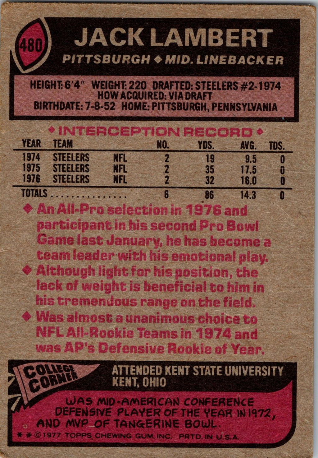 1977 Topps #480 Jack Lambert