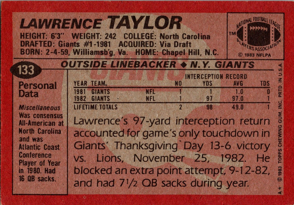 1983 Topps #133 Lawrence Taylor