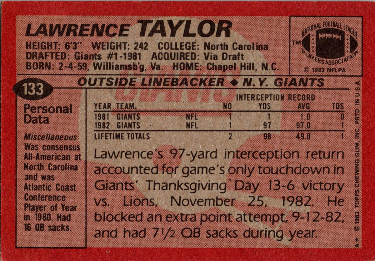 1983 Topps #133 Lawrence Taylor