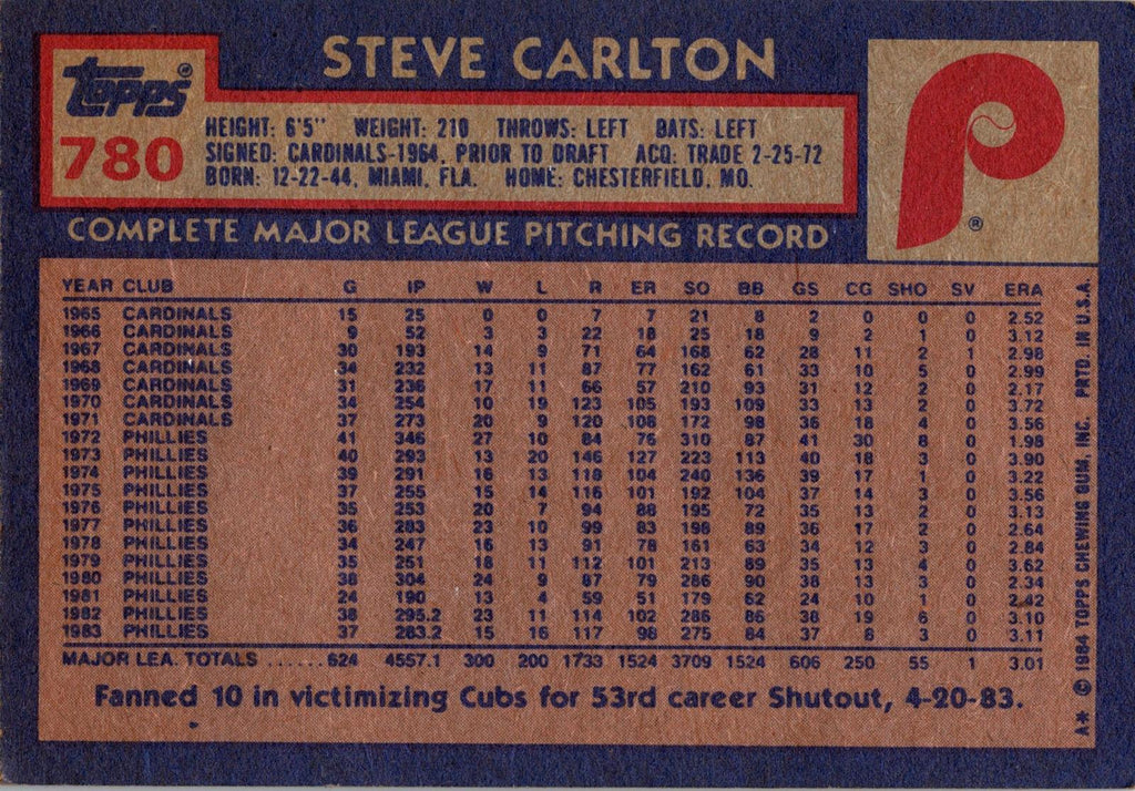 1984 Topps #780 Steve Carlton