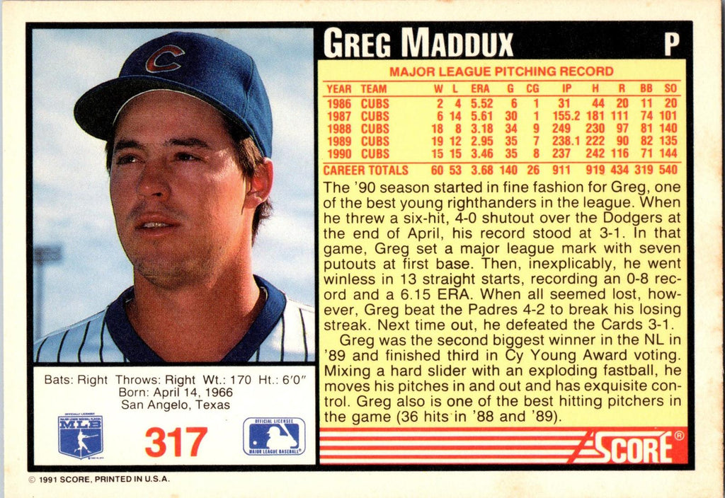 1991 Score #317 Greg Maddux