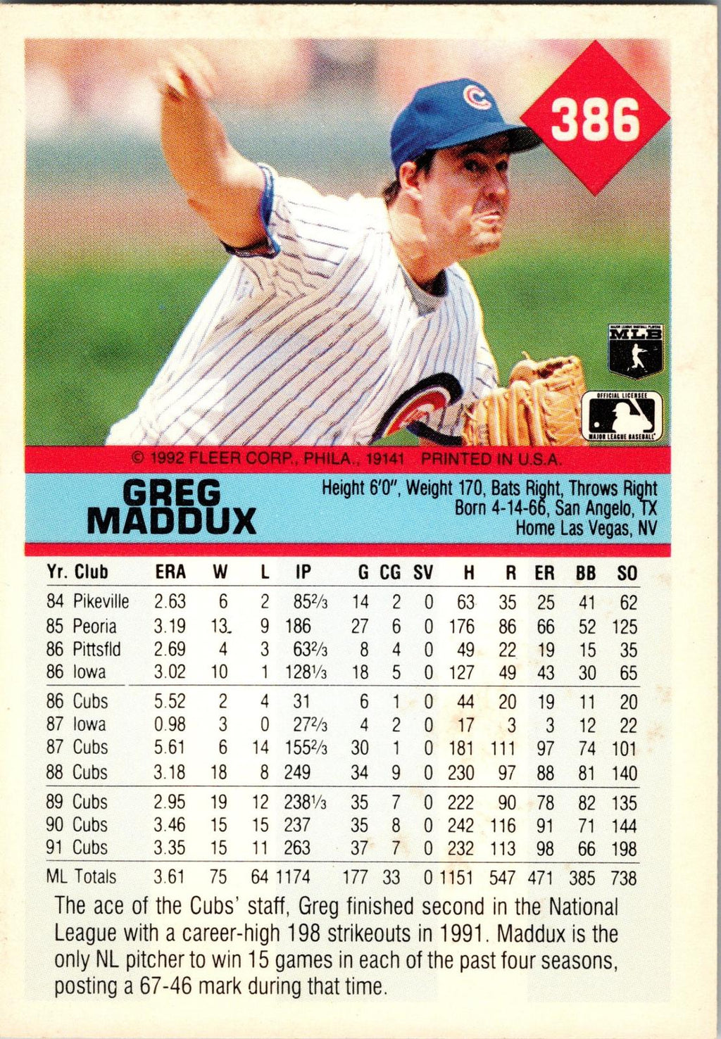 1992 Fleer #386b Greg Maddux