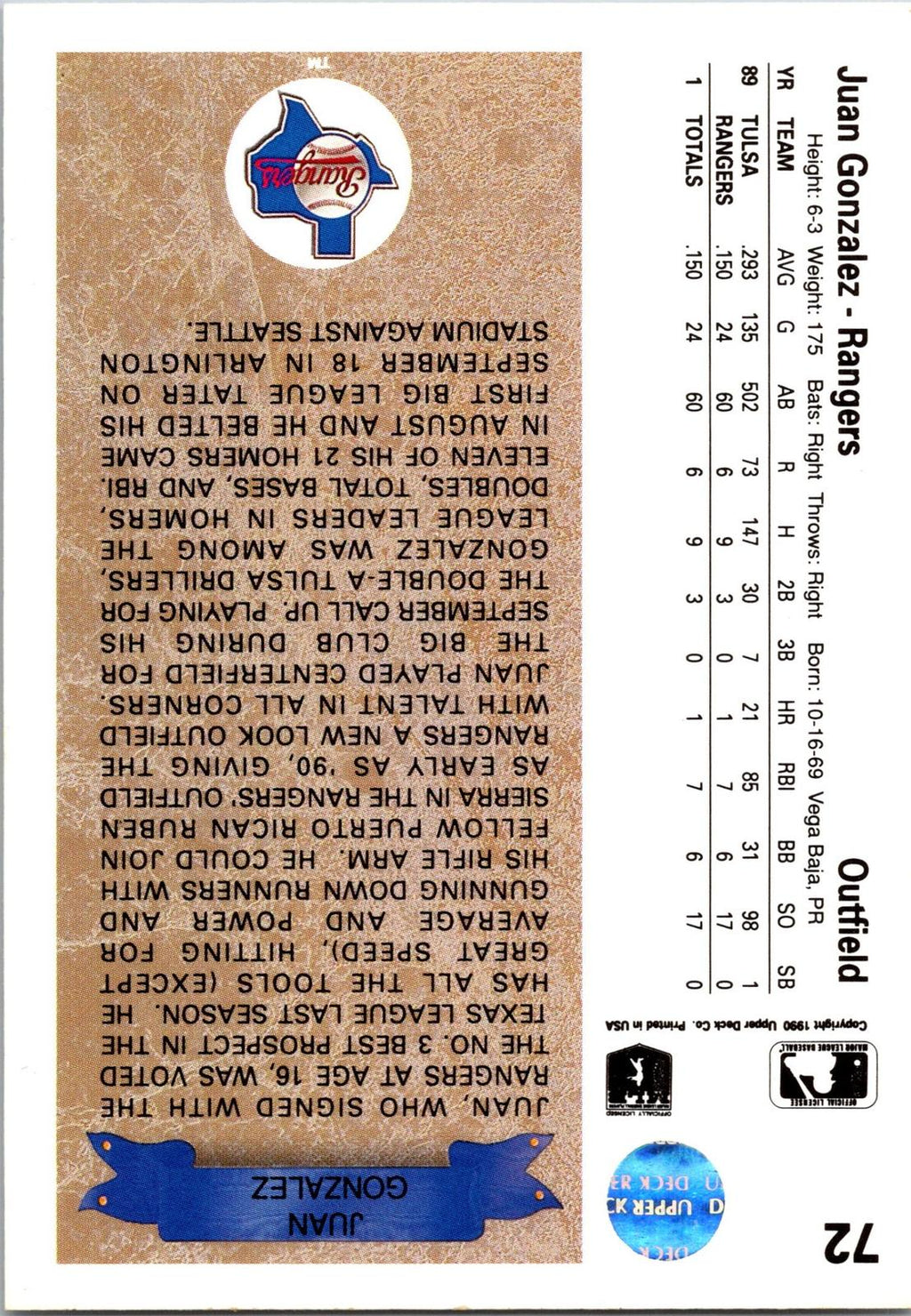 1990 Upper Deck #72 Juan Gonzalez